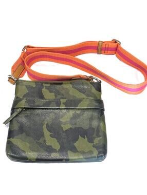Leather Mark & Graham Camo Crossbody with Orange Pink Stripe Shoulder Strap